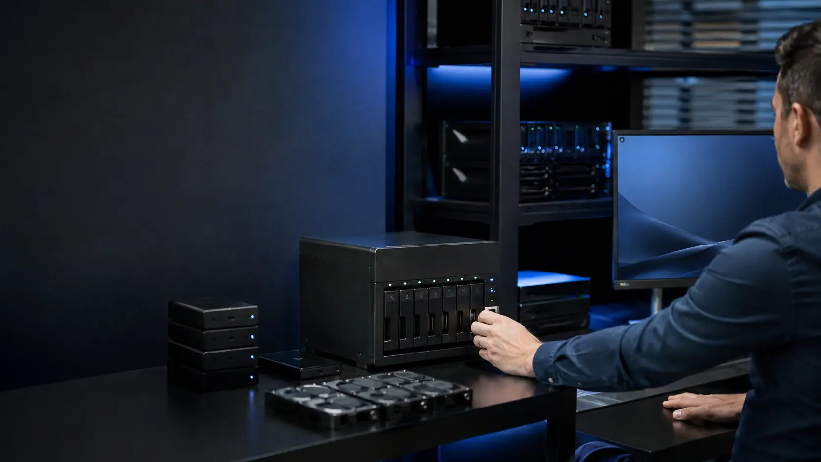 Profissional verificando infraestrutura de backup